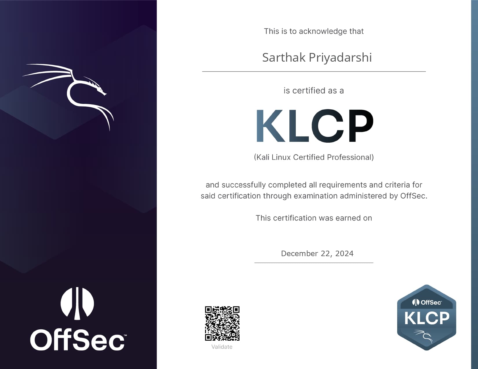 Kali Linux Certified Professional certificate